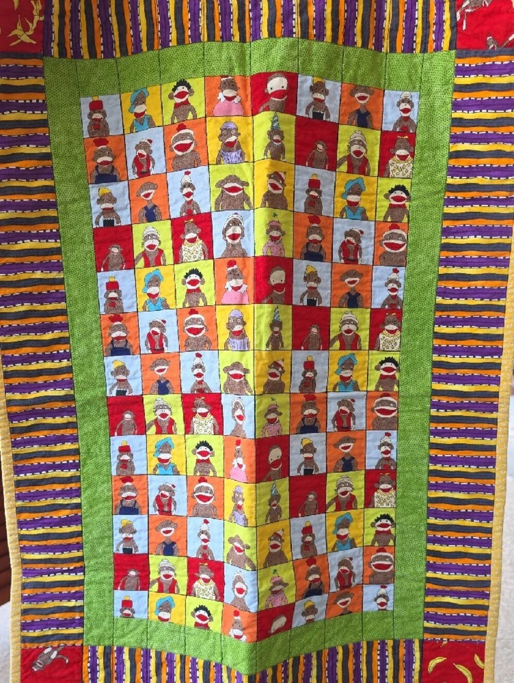 Kids Colorful Patchwork Quilt Blanket w/Sock Monkey & Banana Motif 🐒🍌♥️